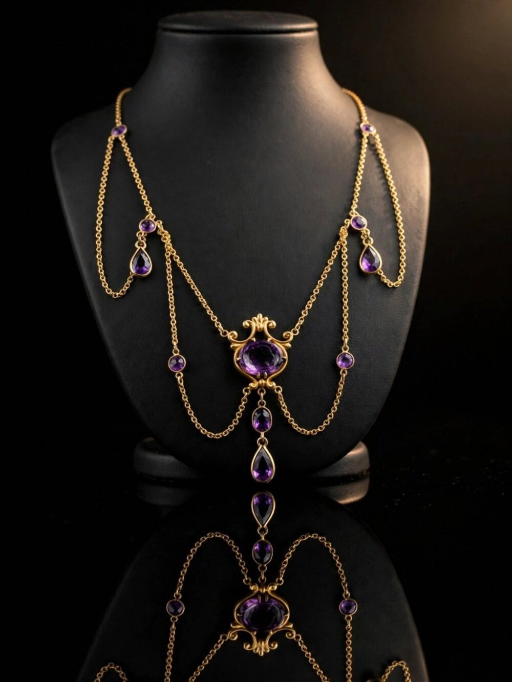Edwardian Art Nouveau 10k Gold Festoon Necklace - Carved Amethyst Cameo